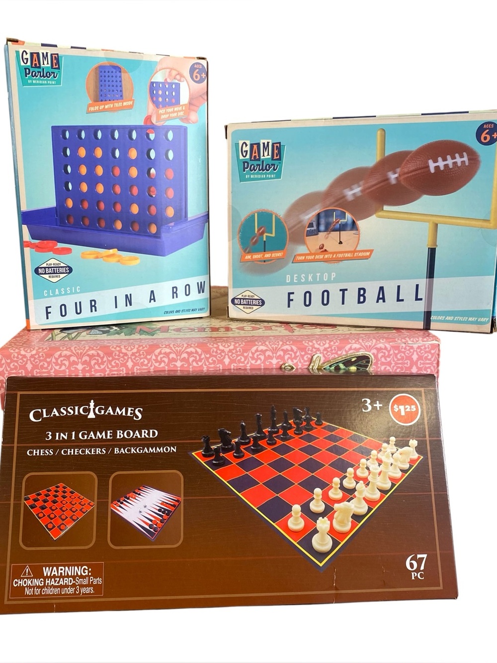 Travel Games Set of 3 Board Games Chess Checkers Four in Row Football Vactation